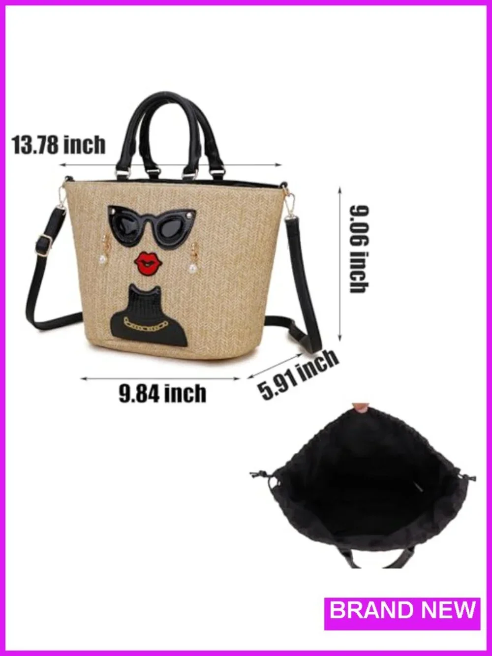 Funky Lady Face Straw Tote Bag Top Handle Satchel Shoulder Bag Purse